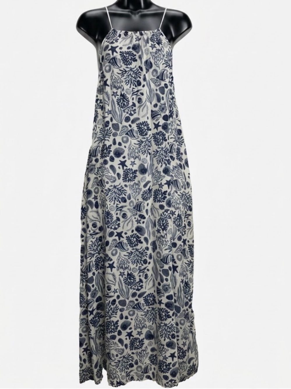 NWT Sigrid Olsen Navy & White Sea Print Maxi Dress Adjustable/Reversible Size XL